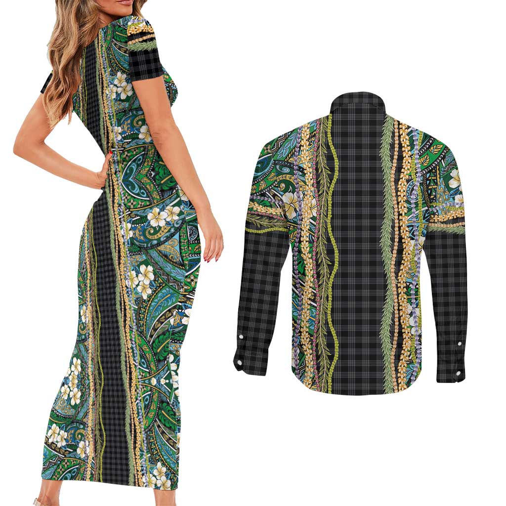 Hawaiian Art Flower Tribal with Lei Couples Matching Short Sleeve Bodycon Dress and Long Sleeve Button Shirt Palaka Pattern Black Color - Polynesian Pride