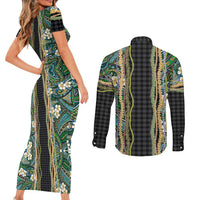 Hawaiian Art Flower Tribal with Lei Couples Matching Short Sleeve Bodycon Dress and Long Sleeve Button Shirt Palaka Pattern Black Color - Polynesian Pride