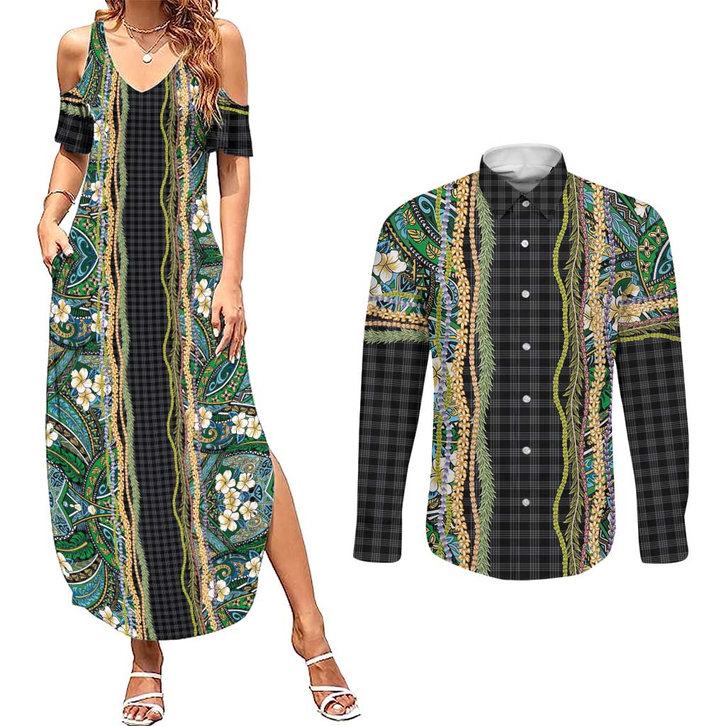 Hawaiian Art Flower Tribal with Lei Couples Matching Summer Maxi Dress and Long Sleeve Button Shirt Palaka Pattern Black Color - Polynesian Pride