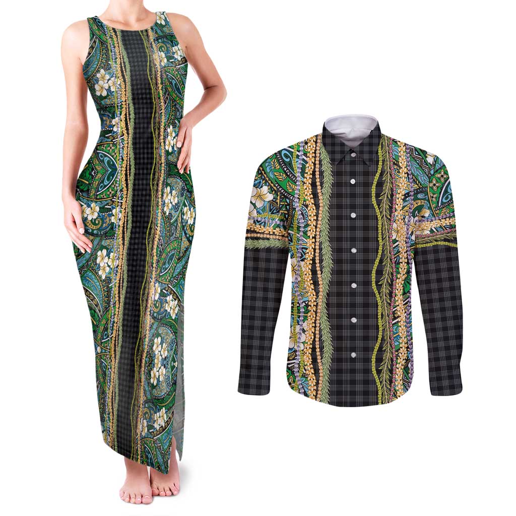 Hawaiian Art Flower Tribal with Lei Couples Matching Tank Maxi Dress and Long Sleeve Button Shirt Palaka Pattern Black Color - Polynesian Pride