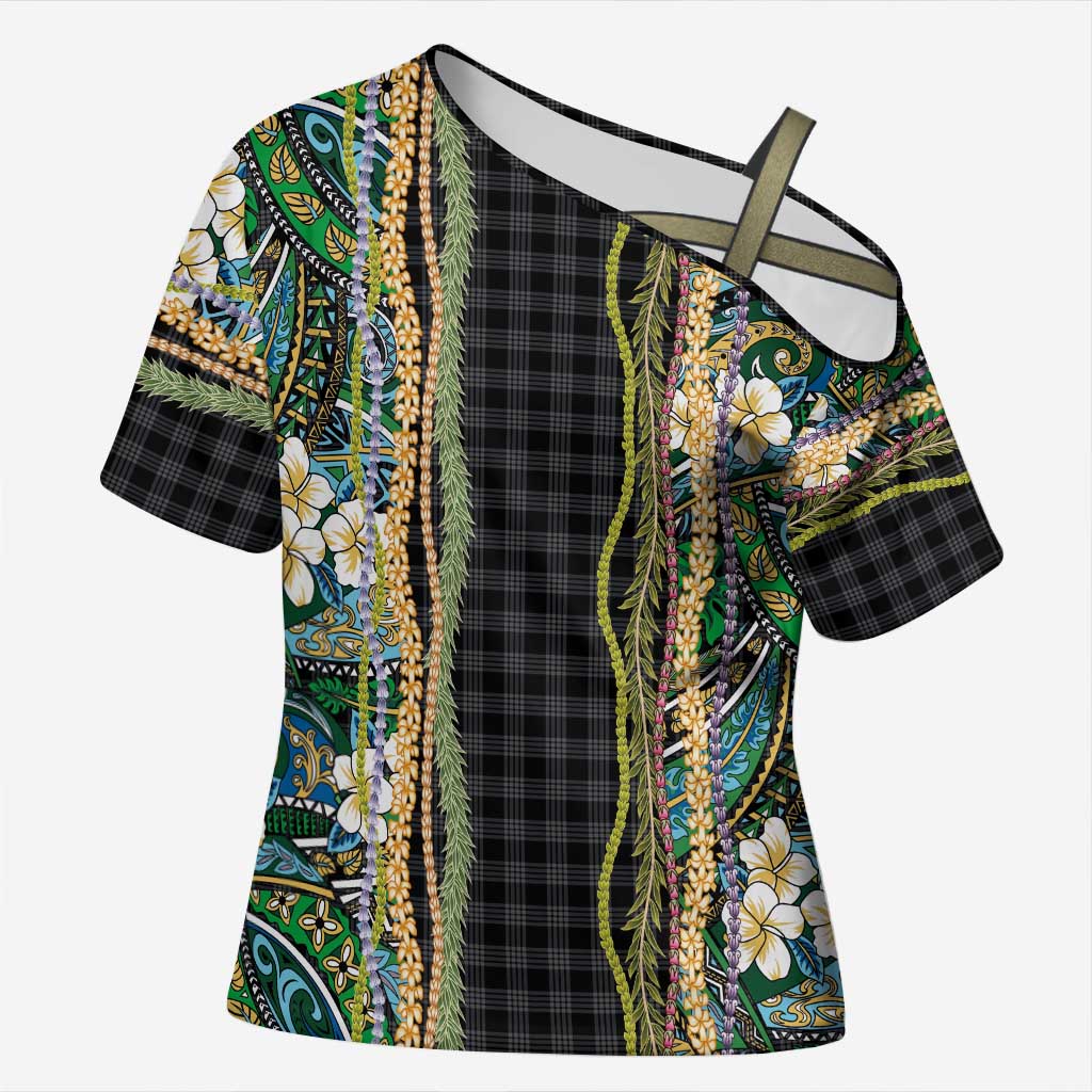 Hawaiian Art Flower Tribal with Lei Cross Shoulder Shirt Palaka Pattern Black Color - Polynesian Pride