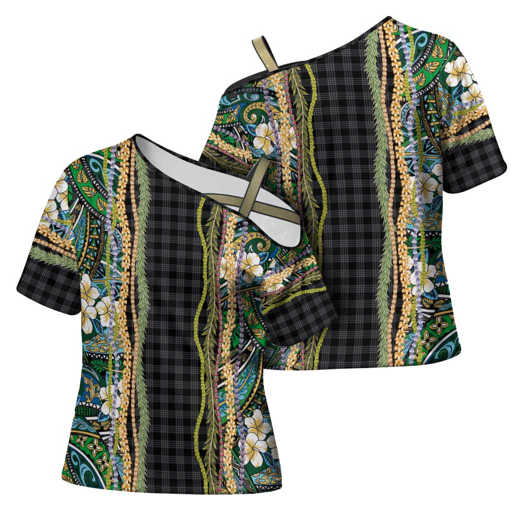 Hawaiian Art Flower Tribal with Lei Cross Shoulder Shirt Palaka Pattern Black Color - Polynesian Pride