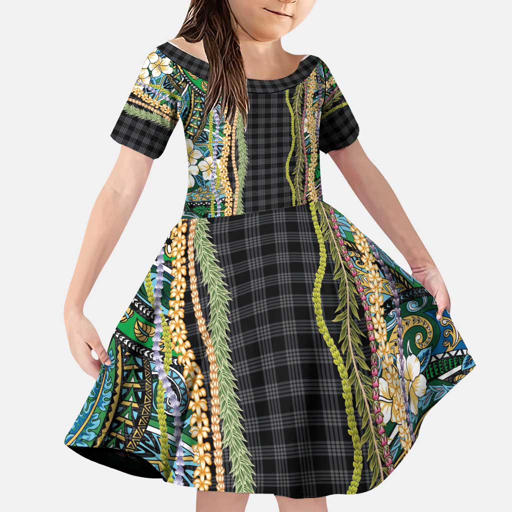 Hawaiian Art Flower Tribal with Lei Family Matching Long Sleeve Bodycon Dress and Hawaiian Shirt Palaka Pattern Black Color LT03 Daughter's Dress Black - Polynesian Pride
