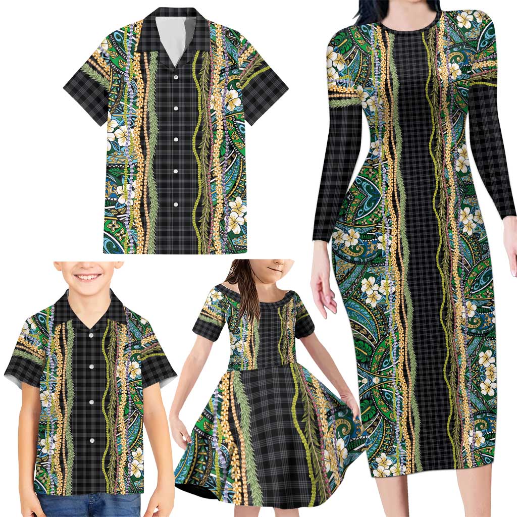 Hawaiian Art Flower Tribal with Lei Family Matching Long Sleeve Bodycon Dress and Hawaiian Shirt Palaka Pattern Black Color - Polynesian Pride
