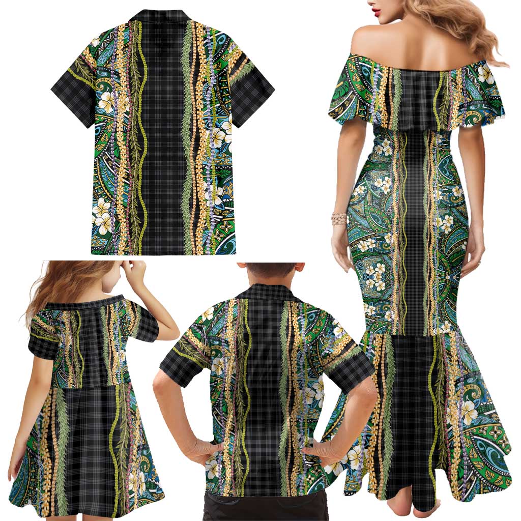 Hawaiian Art Flower Tribal with Lei Family Matching Mermaid Dress and Hawaiian Shirt Palaka Pattern Black Color LT03 - Polynesian Pride