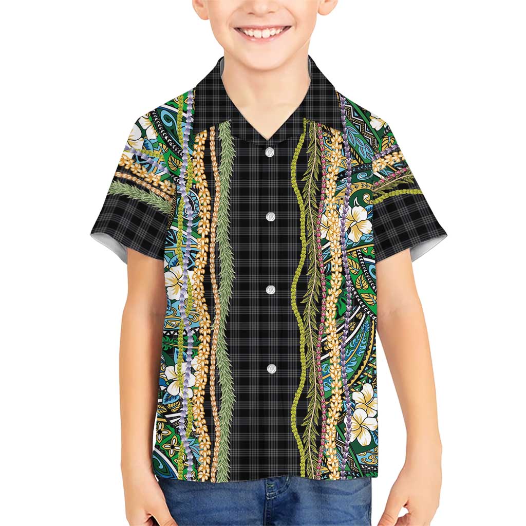Hawaiian Art Flower Tribal with Lei Family Matching Mermaid Dress and Hawaiian Shirt Palaka Pattern Black Color LT03 Son's Shirt Black - Polynesian Pride