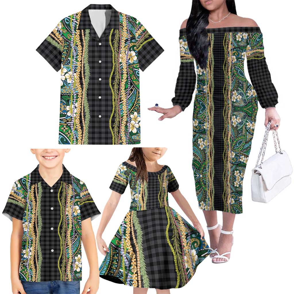 Hawaiian Art Flower Tribal with Lei Family Matching Off The Shoulder Long Sleeve Dress and Hawaiian Shirt Palaka Pattern Black Color LT03 - Polynesian Pride