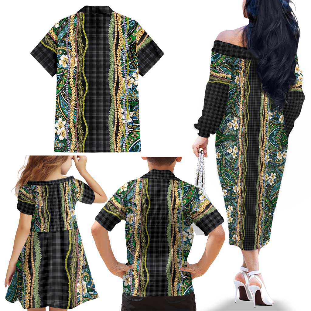 Hawaiian Art Flower Tribal with Lei Family Matching Off The Shoulder Long Sleeve Dress and Hawaiian Shirt Palaka Pattern Black Color LT03 - Polynesian Pride