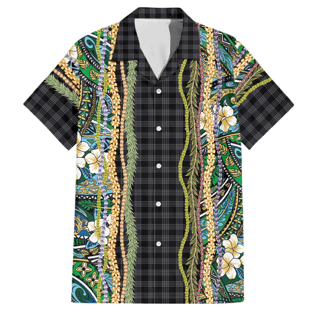 Hawaiian Art Flower Tribal with Lei Family Matching Off The Shoulder Long Sleeve Dress and Hawaiian Shirt Palaka Pattern Black Color LT03 Dad's Shirt - Short Sleeve Black - Polynesian Pride