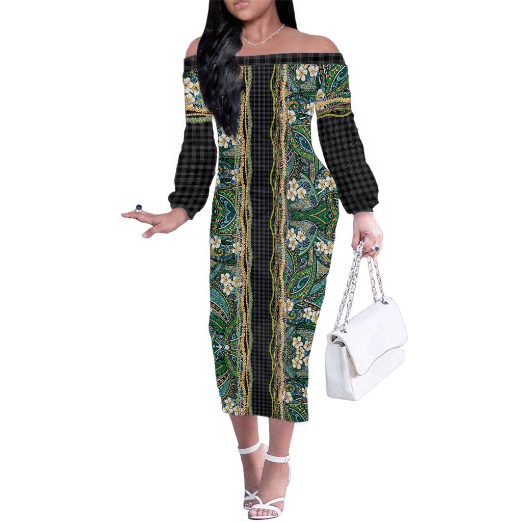 Hawaiian Art Flower Tribal with Lei Family Matching Off The Shoulder Long Sleeve Dress and Hawaiian Shirt Palaka Pattern Black Color LT03 Mom's Dress Black - Polynesian Pride