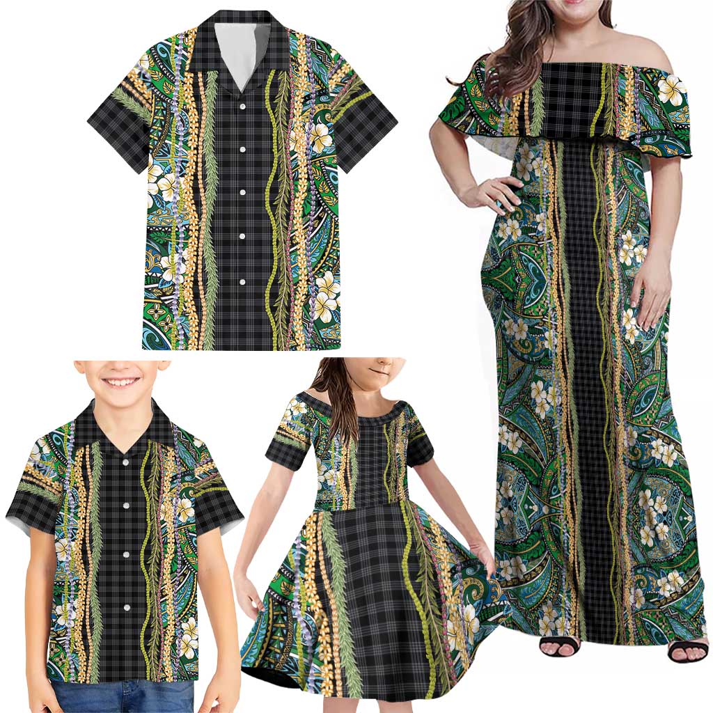 Hawaiian Art Flower Tribal with Lei Family Matching Off Shoulder Maxi Dress and Hawaiian Shirt Palaka Pattern Black Color LT03 - Polynesian Pride