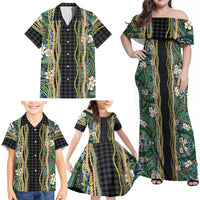 Hawaiian Art Flower Tribal with Lei Family Matching Off Shoulder Maxi Dress and Hawaiian Shirt Palaka Pattern Black Color LT03 - Polynesian Pride