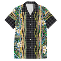 Hawaiian Art Flower Tribal with Lei Family Matching Off Shoulder Maxi Dress and Hawaiian Shirt Palaka Pattern Black Color LT03 Dad's Shirt - Short Sleeve Black - Polynesian Pride