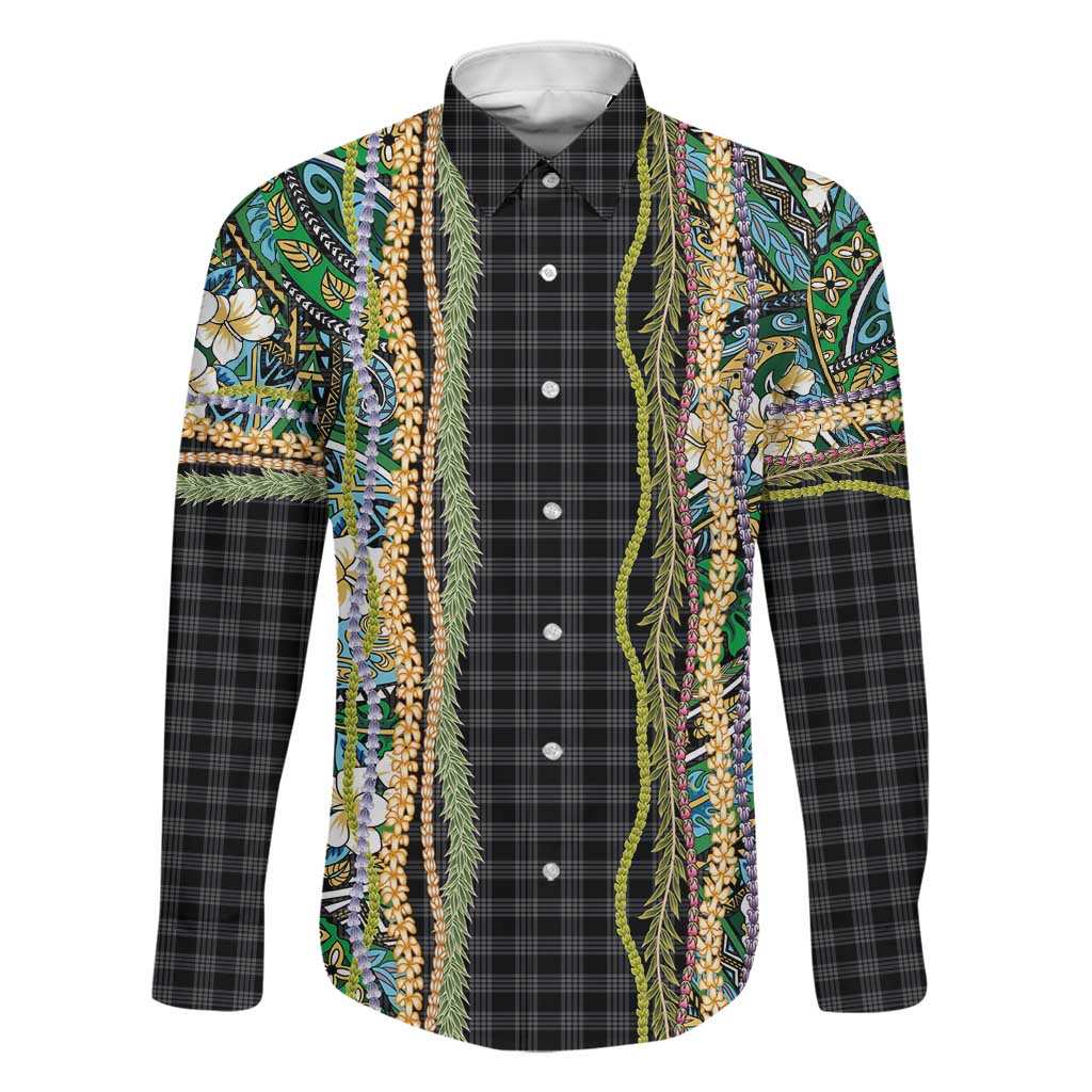 Hawaiian Art Flower Tribal with Lei Family Matching Off Shoulder Maxi Dress and Hawaiian Shirt Palaka Pattern Black Color LT03 Dad's Shirt - Long Sleeve Black - Polynesian Pride