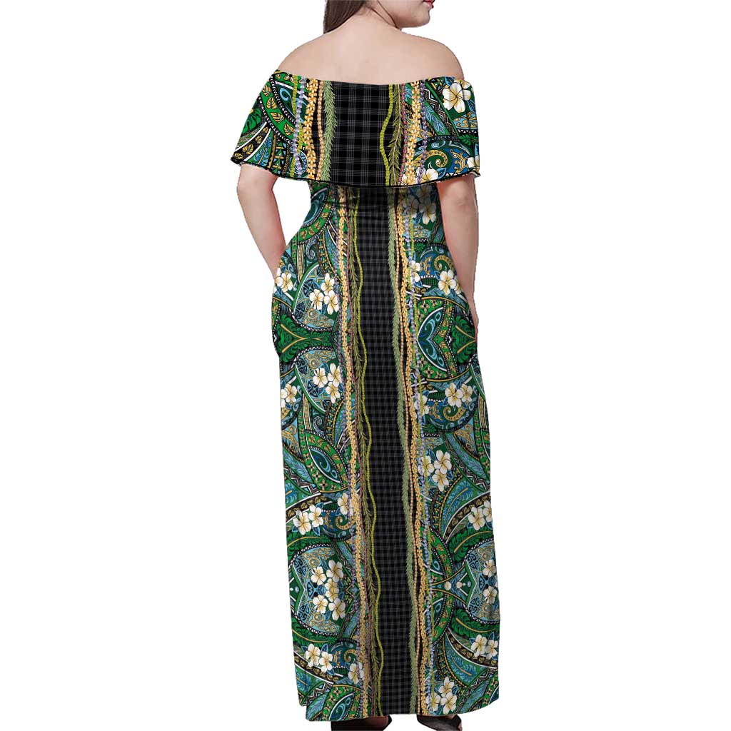 Hawaiian Art Flower Tribal with Lei Family Matching Off Shoulder Maxi Dress and Hawaiian Shirt Palaka Pattern Black Color LT03 - Polynesian Pride