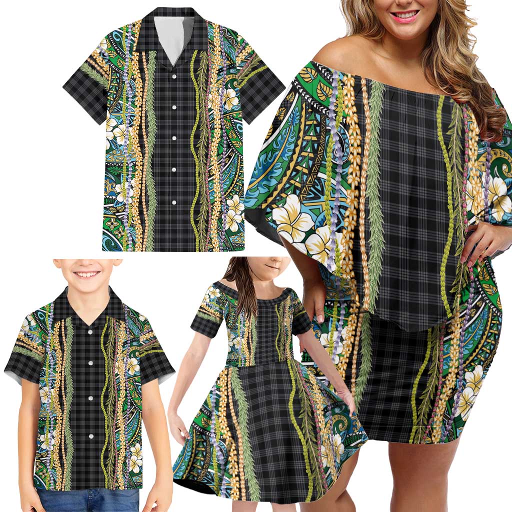 Hawaiian Art Flower Tribal with Lei Family Matching Off Shoulder Short Dress and Hawaiian Shirt Palaka Pattern Black Color LT03 - Polynesian Pride