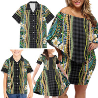 Hawaiian Art Flower Tribal with Lei Family Matching Off Shoulder Short Dress and Hawaiian Shirt Palaka Pattern Black Color LT03 - Polynesian Pride