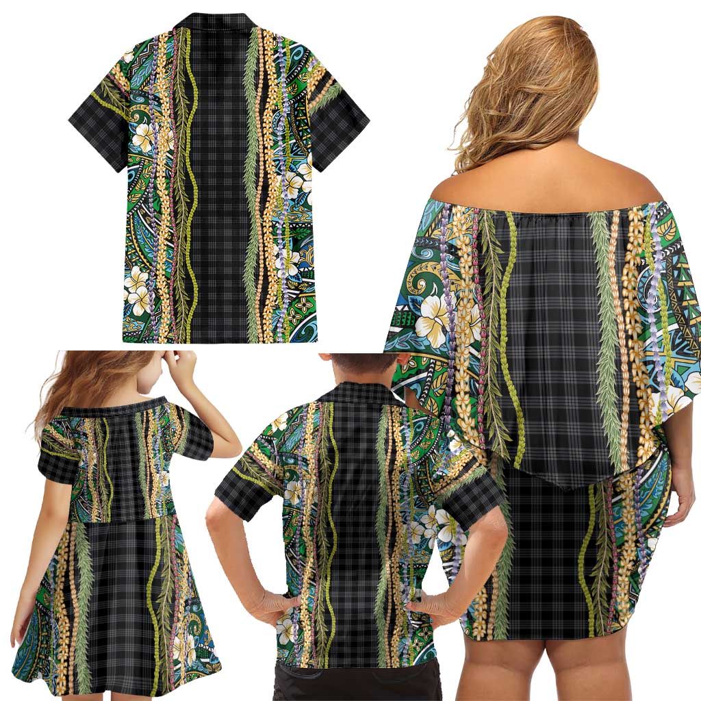 Hawaiian Art Flower Tribal with Lei Family Matching Off Shoulder Short Dress and Hawaiian Shirt Palaka Pattern Black Color LT03 - Polynesian Pride