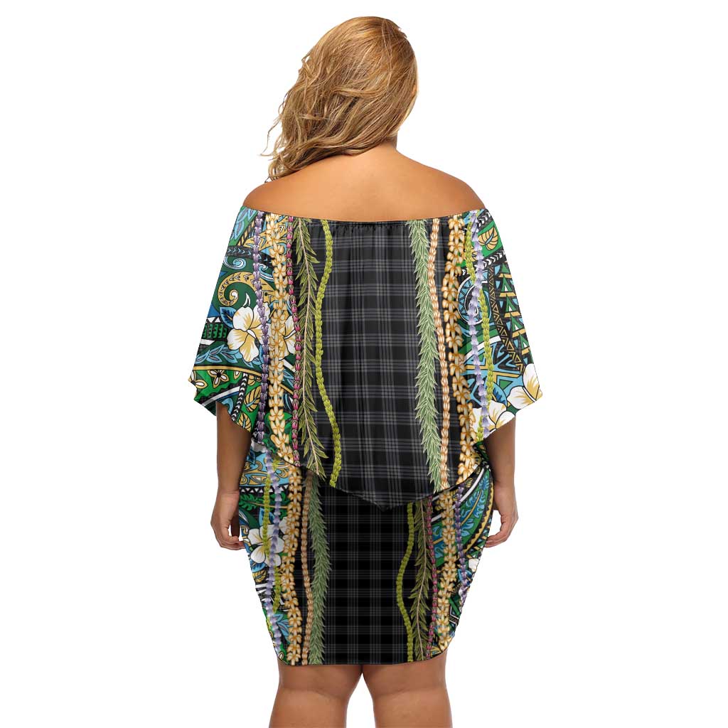 Hawaiian Art Flower Tribal with Lei Family Matching Off Shoulder Short Dress and Hawaiian Shirt Palaka Pattern Black Color LT03 - Polynesian Pride