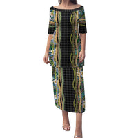 Hawaiian Art Flower Tribal with Lei Family Matching Puletasi and Hawaiian Shirt Palaka Pattern Black Color LT03 Mom's Dress Black - Polynesian Pride