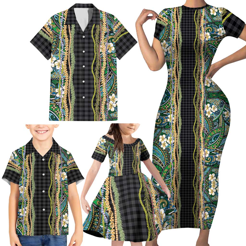 Hawaiian Art Flower Tribal with Lei Family Matching Short Sleeve Bodycon Dress and Hawaiian Shirt Palaka Pattern Black Color LT03 - Polynesian Pride