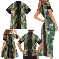 Hawaiian Art Flower Tribal with Lei Family Matching Short Sleeve Bodycon Dress and Hawaiian Shirt Palaka Pattern Black Color LT03 - Polynesian Pride