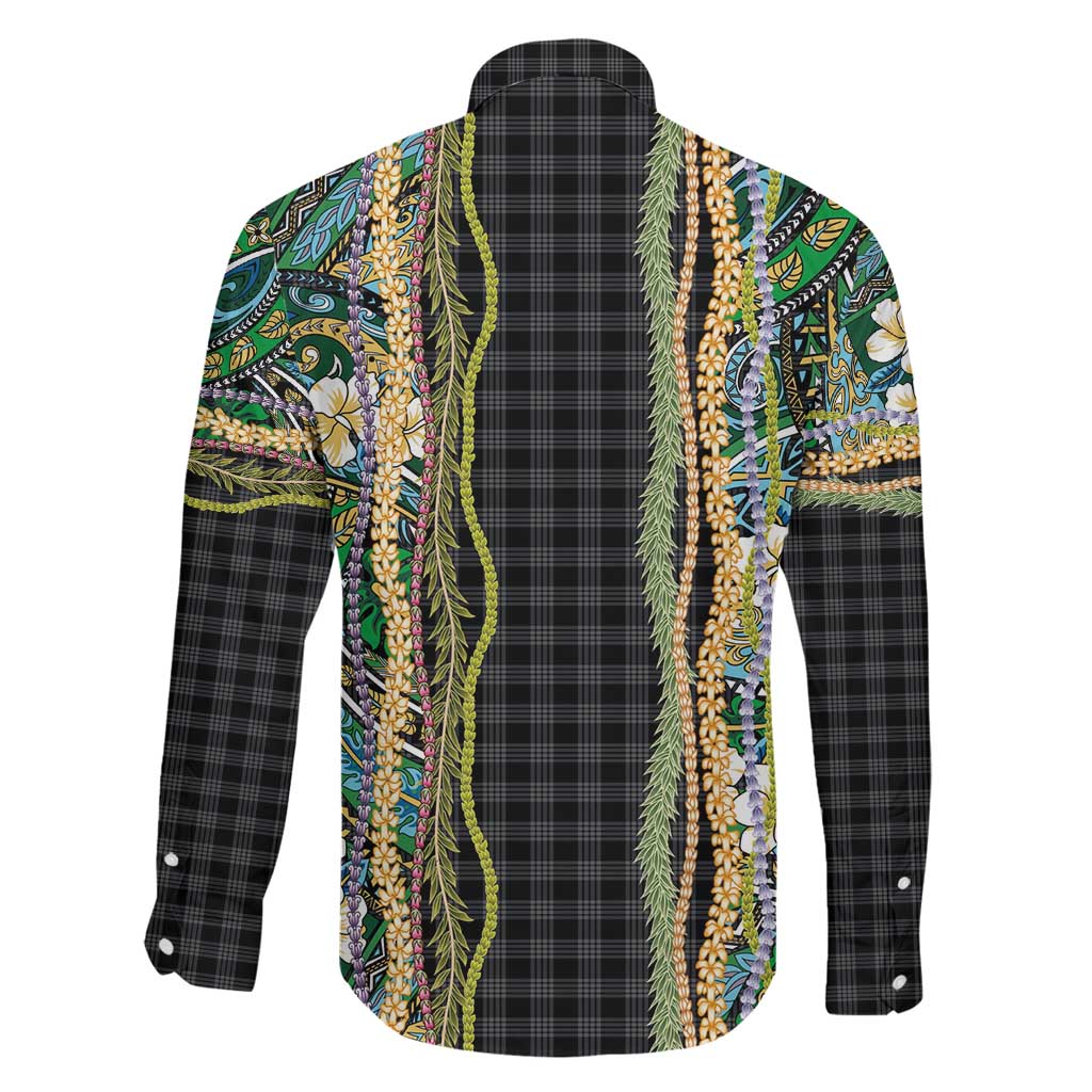 Hawaiian Art Flower Tribal with Lei Family Matching Short Sleeve Bodycon Dress and Hawaiian Shirt Palaka Pattern Black Color LT03 - Polynesian Pride