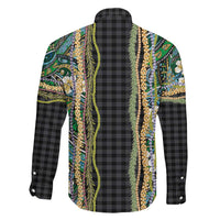 Hawaiian Art Flower Tribal with Lei Family Matching Short Sleeve Bodycon Dress and Hawaiian Shirt Palaka Pattern Black Color LT03 - Polynesian Pride