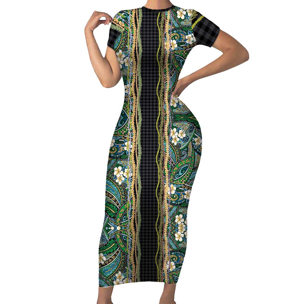 Hawaiian Art Flower Tribal with Lei Family Matching Short Sleeve Bodycon Dress and Hawaiian Shirt Palaka Pattern Black Color LT03 Mom's Dress Black - Polynesian Pride