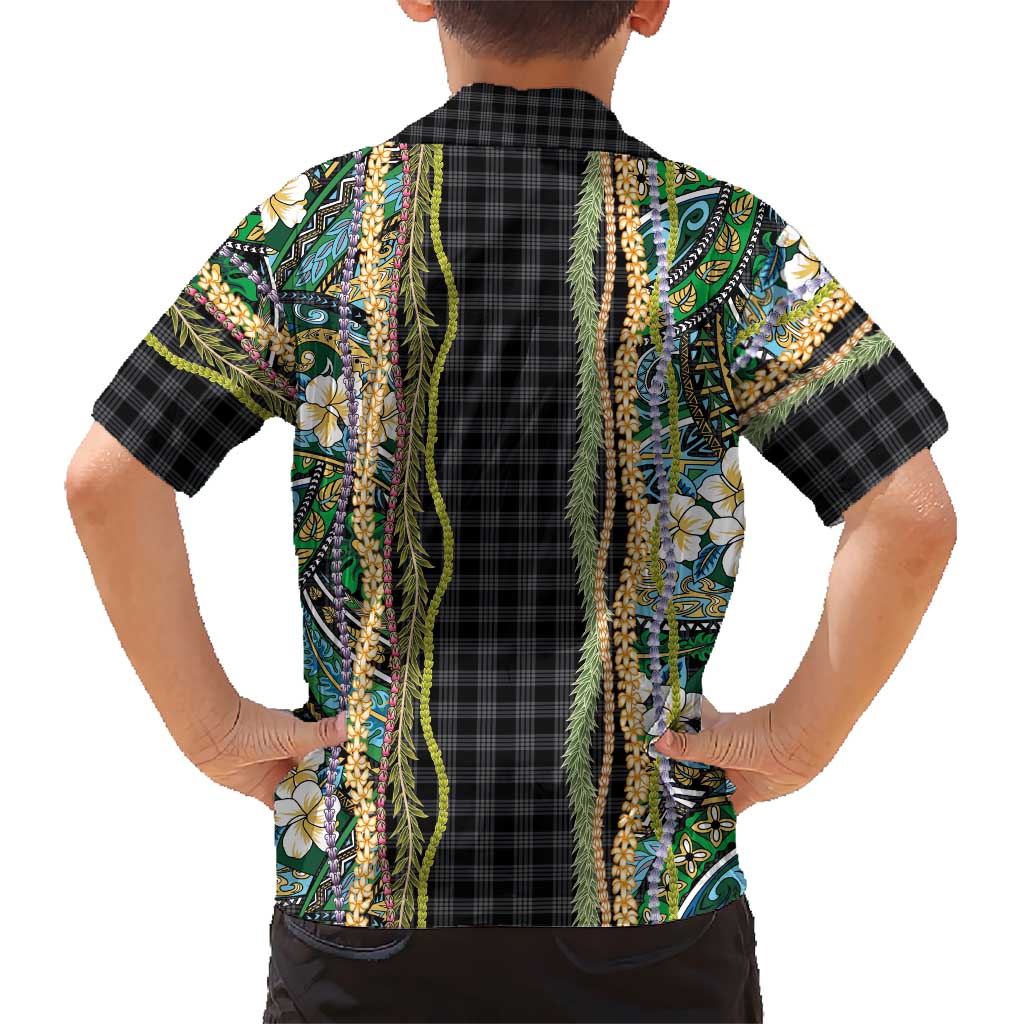 Hawaiian Art Flower Tribal with Lei Family Matching Summer Maxi Dress and Hawaiian Shirt Palaka Pattern Black Color LT03 - Polynesian Pride