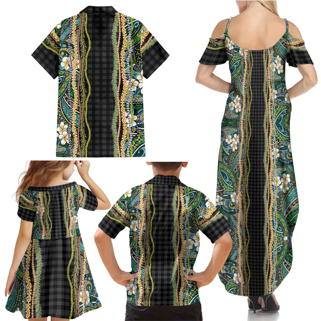 Hawaiian Art Flower Tribal with Lei Family Matching Summer Maxi Dress and Hawaiian Shirt Palaka Pattern Black Color LT03 - Polynesian Pride