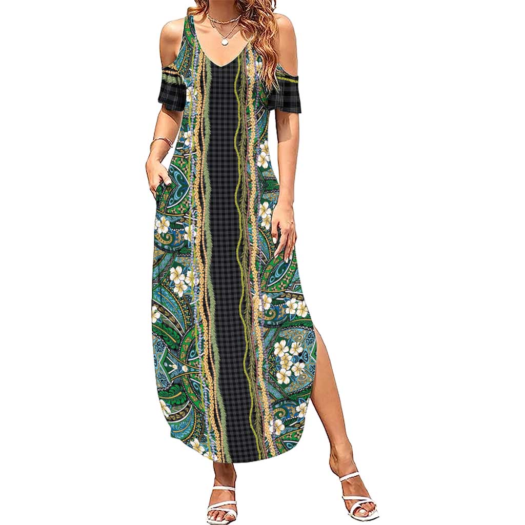 Hawaiian Art Flower Tribal with Lei Family Matching Summer Maxi Dress and Hawaiian Shirt Palaka Pattern Black Color LT03 Mom's Dress Black - Polynesian Pride