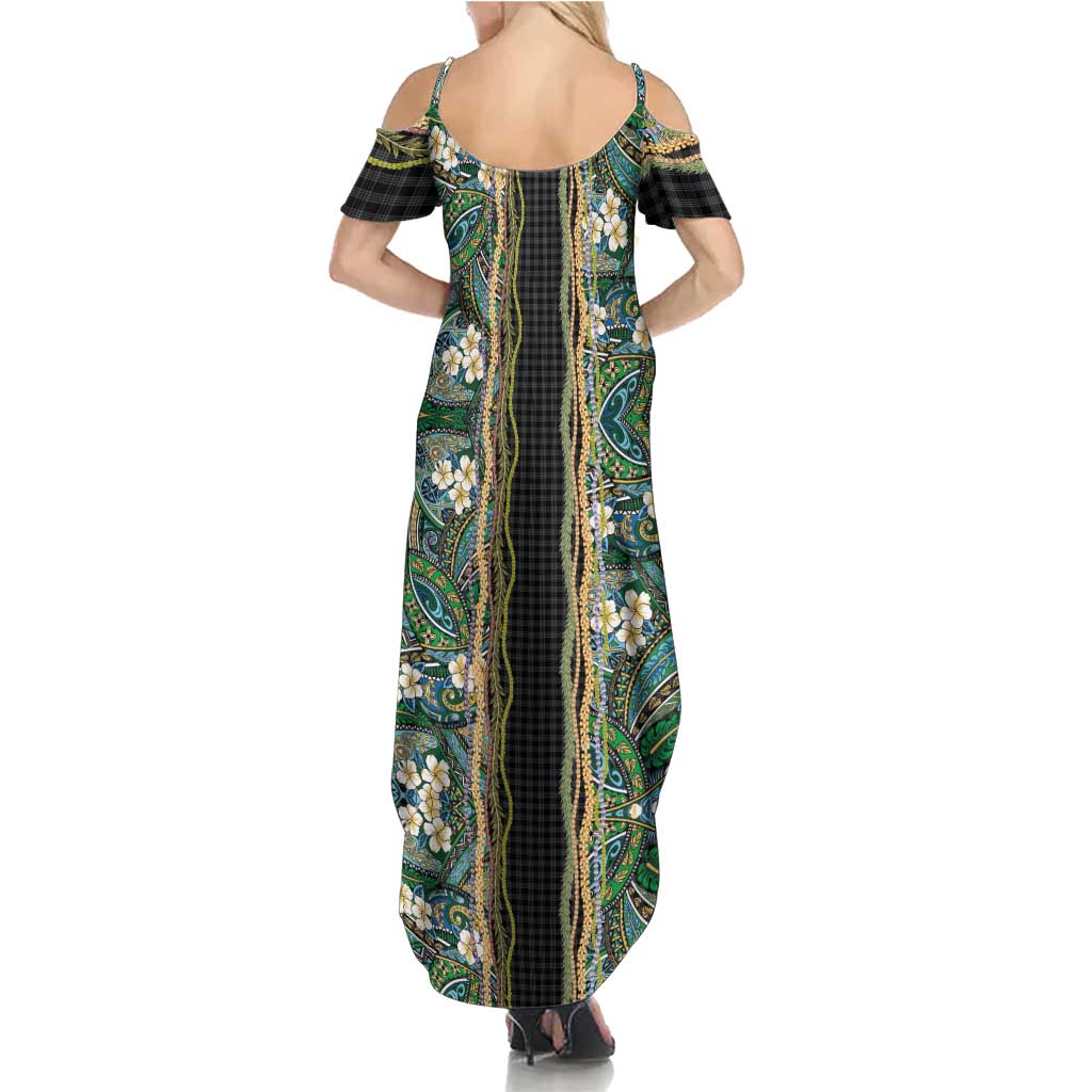 Hawaiian Art Flower Tribal with Lei Family Matching Summer Maxi Dress and Hawaiian Shirt Palaka Pattern Black Color LT03 - Polynesian Pride