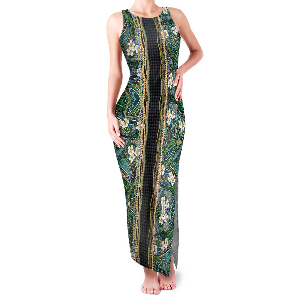 Hawaiian Art Flower Tribal with Lei Family Matching Tank Maxi Dress and Hawaiian Shirt Palaka Pattern Black Color LT03 Mom's Dress Black - Polynesian Pride