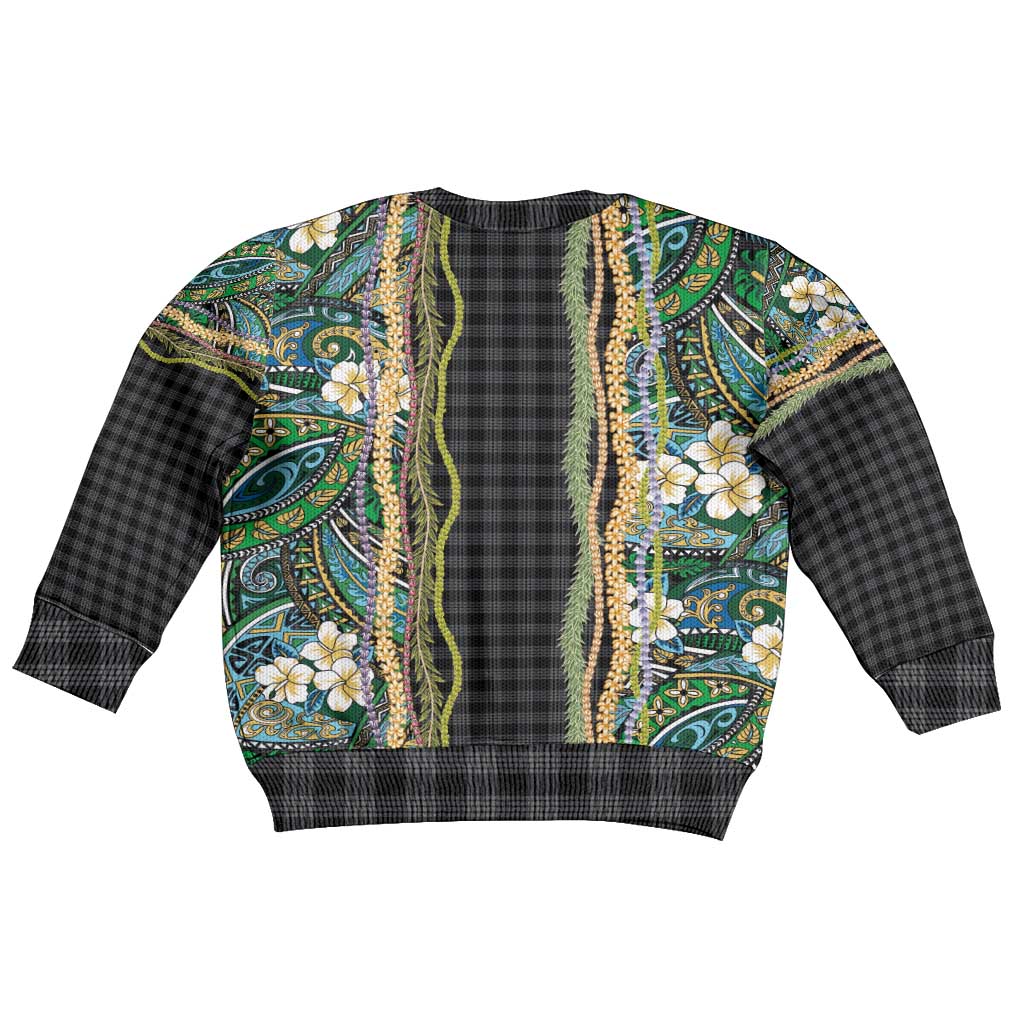 Hawaiian Art Flower Tribal with Lei Kid Ugly Christmas Sweater Palaka Pattern Black Color - Polynesian Pride