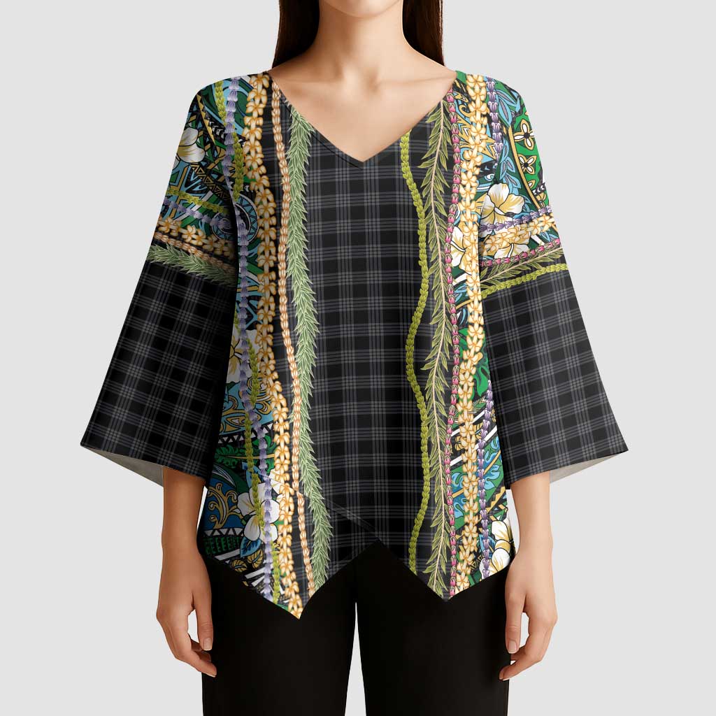 Hawaiian Art Flower Tribal with Lei Kimono Sleeve Blouse Palaka Pattern Black Color - Polynesian Pride