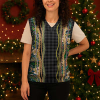 Hawaiian Art Flower Tribal with Lei Christmas Knitted V-Neck Vest Palaka Pattern Black Color - Polynesian Pride