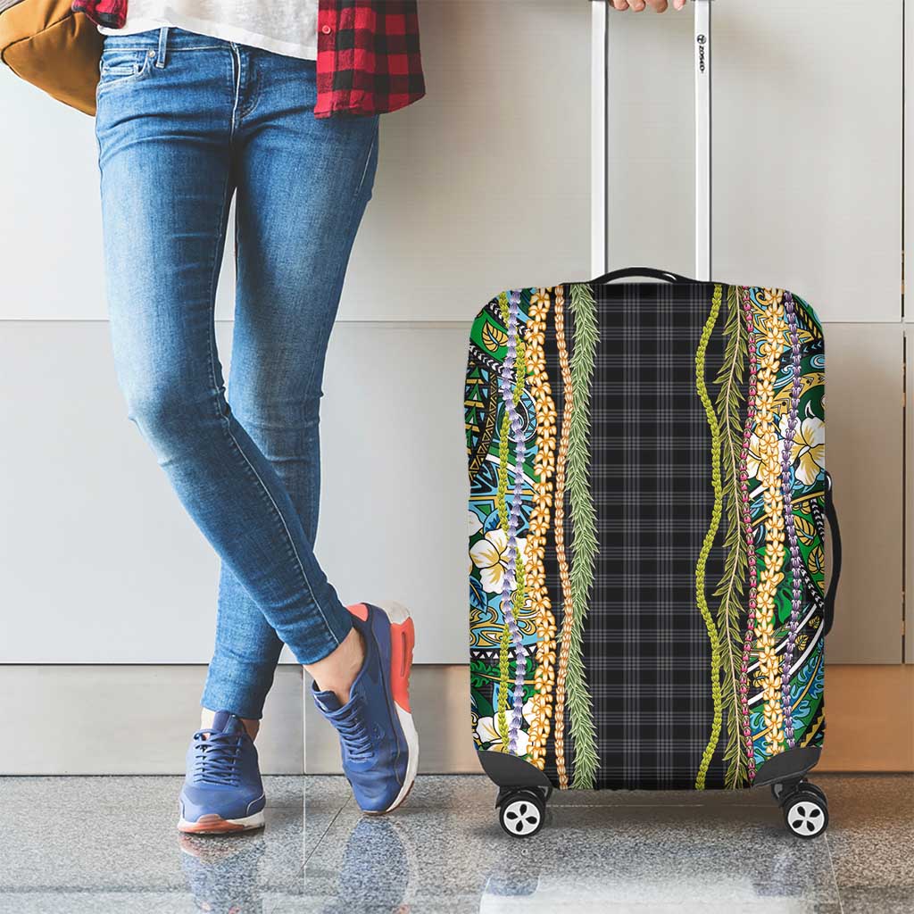 Hawaiian Art Flower Tribal with Lei Luggage Cover Palaka Pattern Black Color LT03 - Polynesian Pride