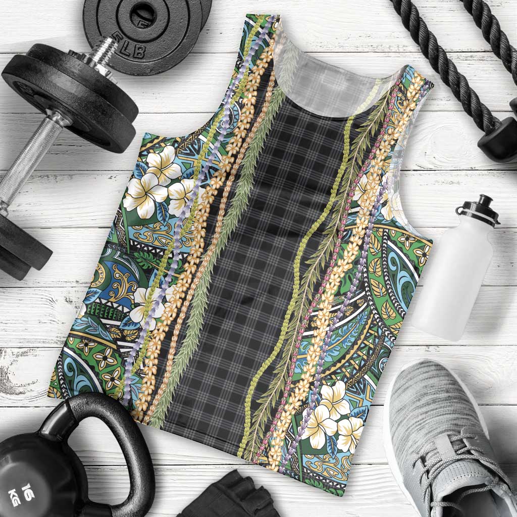 Hawaiian Art Flower Tribal with Lei Men Tank Top Palaka Pattern Black Color - Polynesian Pride