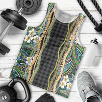 Hawaiian Art Flower Tribal with Lei Men Tank Top Palaka Pattern Black Color - Polynesian Pride