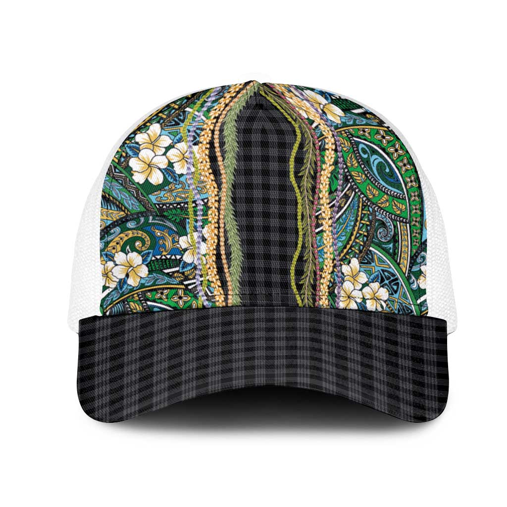 Hawaiian Art Flower Tribal with Lei Mesh Trucker Cap Palaka Pattern Black Color - Polynesian Pride