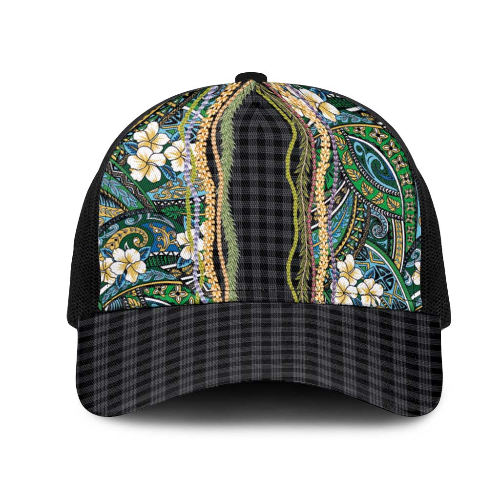 Hawaiian Art Flower Tribal with Lei Mesh Trucker Cap Palaka Pattern Black Color - Polynesian Pride