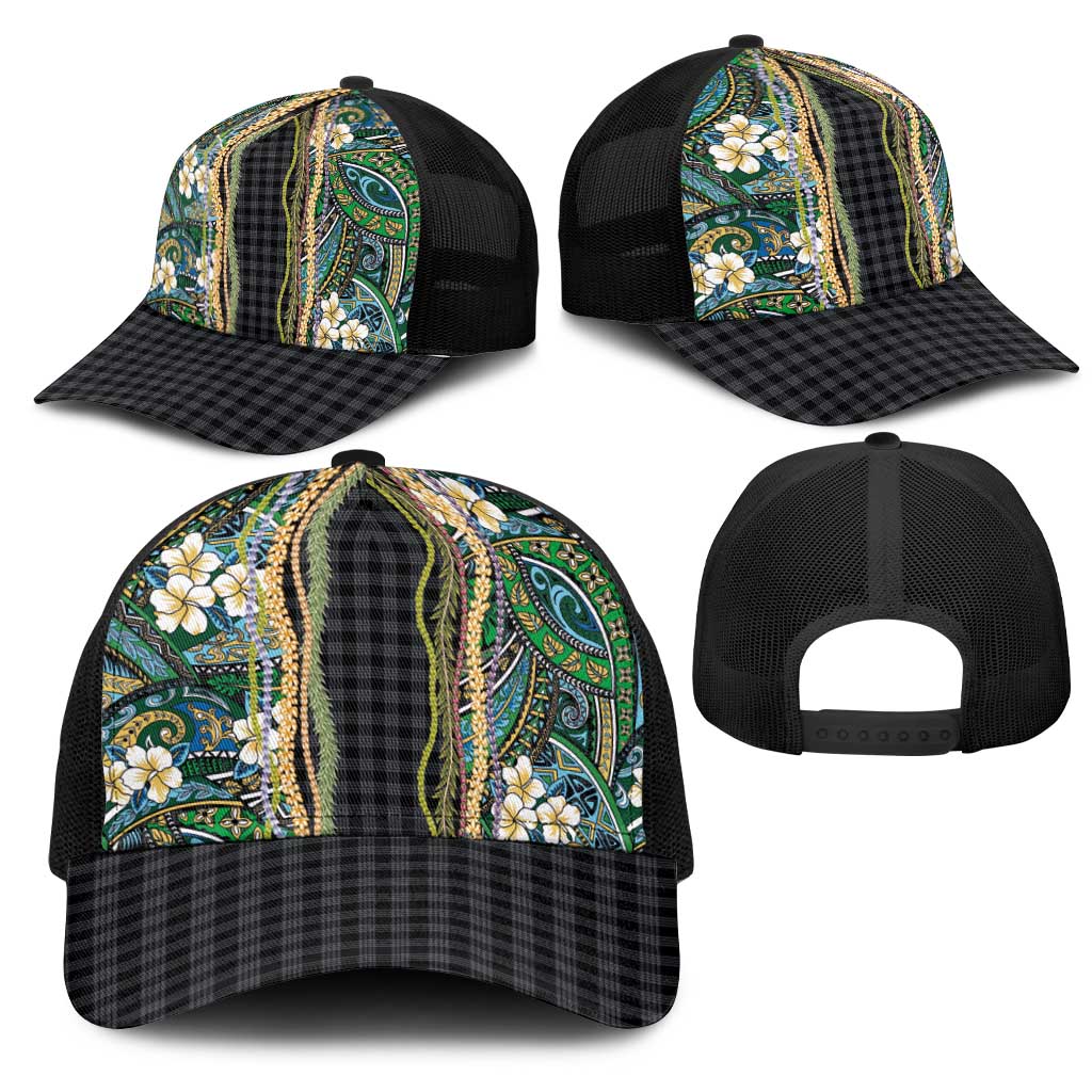 Hawaiian Art Flower Tribal with Lei Mesh Trucker Cap Palaka Pattern Black Color - Polynesian Pride