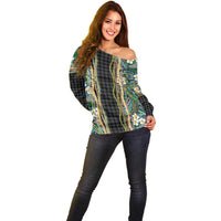 Hawaiian Art Flower Tribal with Lei Off Shoulder Sweater Palaka Pattern Black Color - Polynesian Pride