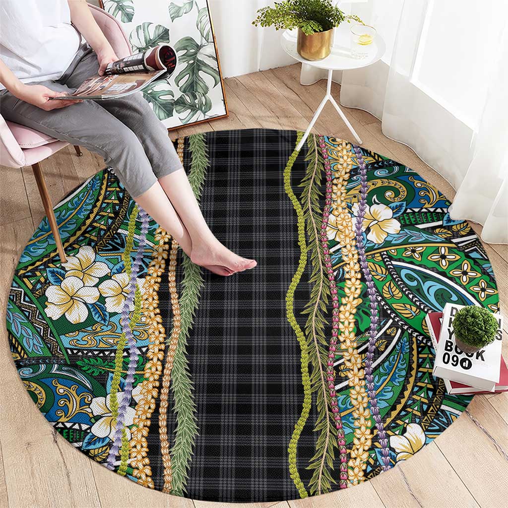 Hawaiian Art Flower Tribal with Lei Round Carpet Palaka Pattern Black Color - Polynesian Pride