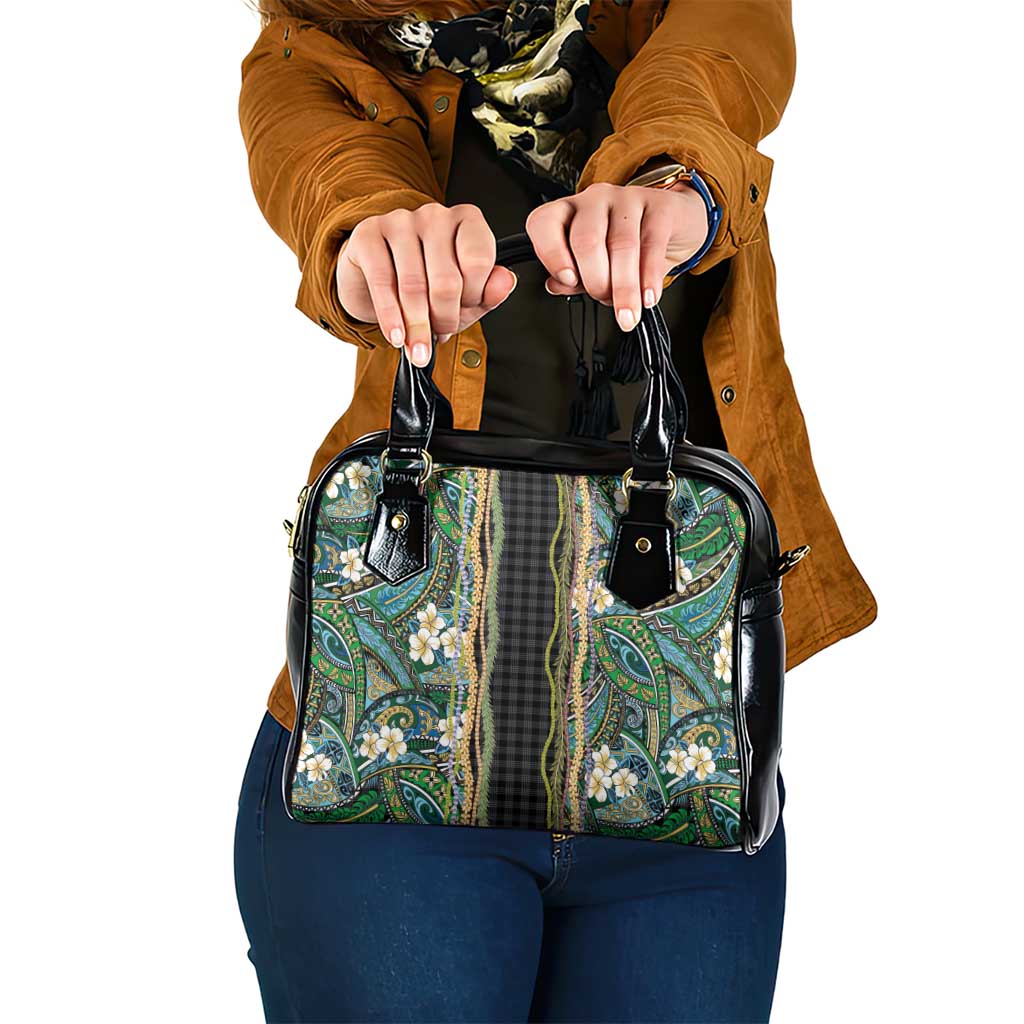 Hawaiian Art Flower Tribal with Lei Shoulder Handbag Palaka Pattern Black Color - Polynesian Pride