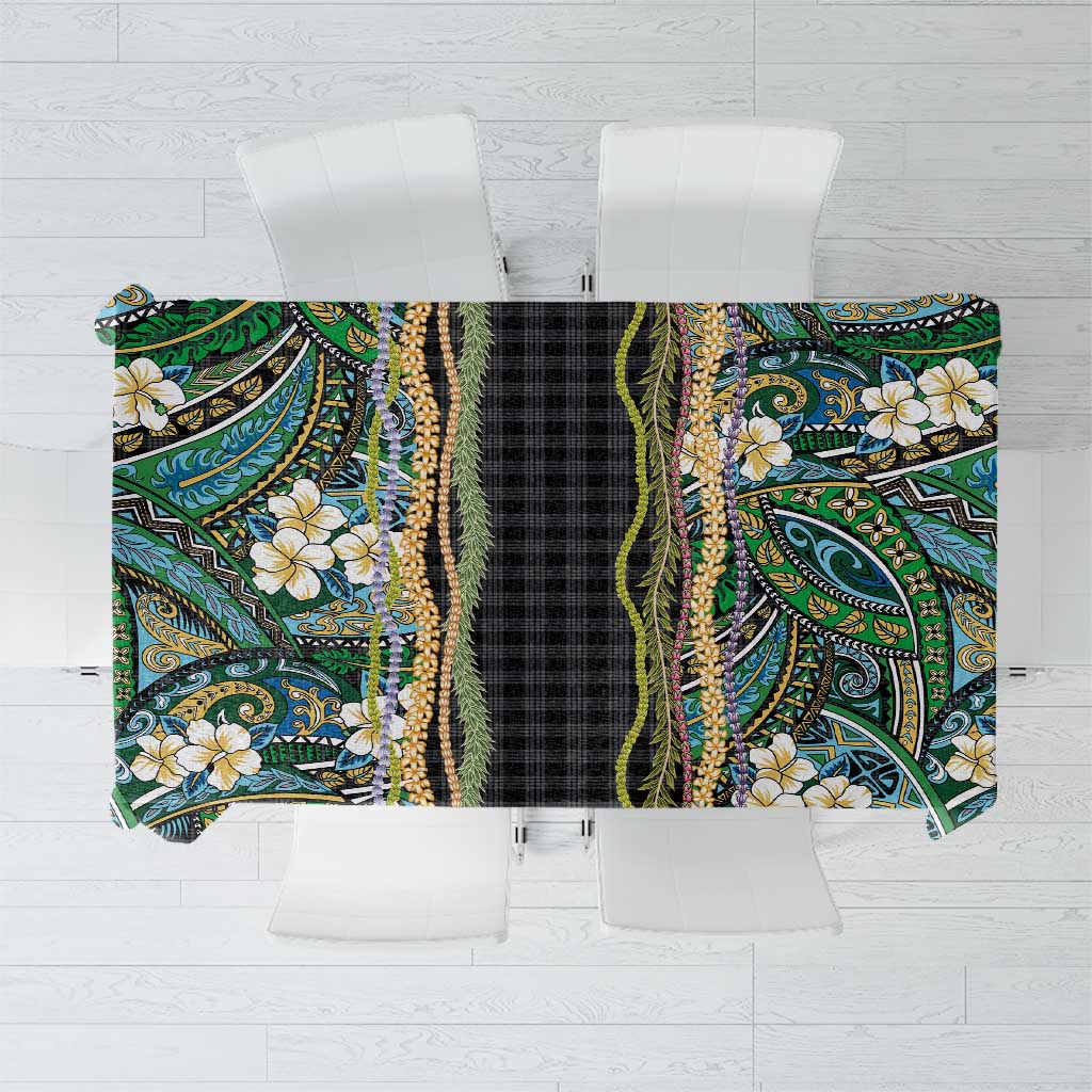 Hawaiian Art Flower Tribal with Lei Tablecloth Palaka Pattern Black Color - Polynesian Pride