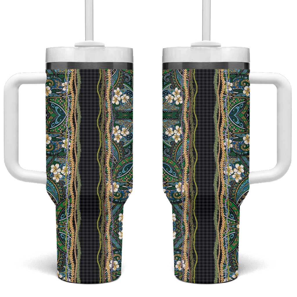 Hawaiian Art Flower Tribal with Lei Tumbler With Handle Palaka Pattern Black Color LT03 One Size: 40 oz Black - Polynesian Pride