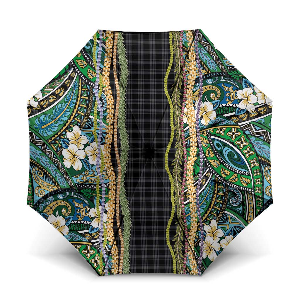 Hawaiian Art Flower Tribal with Lei Umbrella Palaka Pattern Black Color - Polynesian Pride