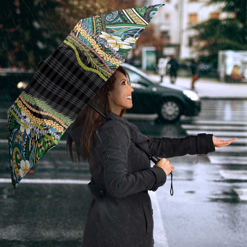 Hawaiian Art Flower Tribal with Lei Umbrella Palaka Pattern Black Color - Polynesian Pride
